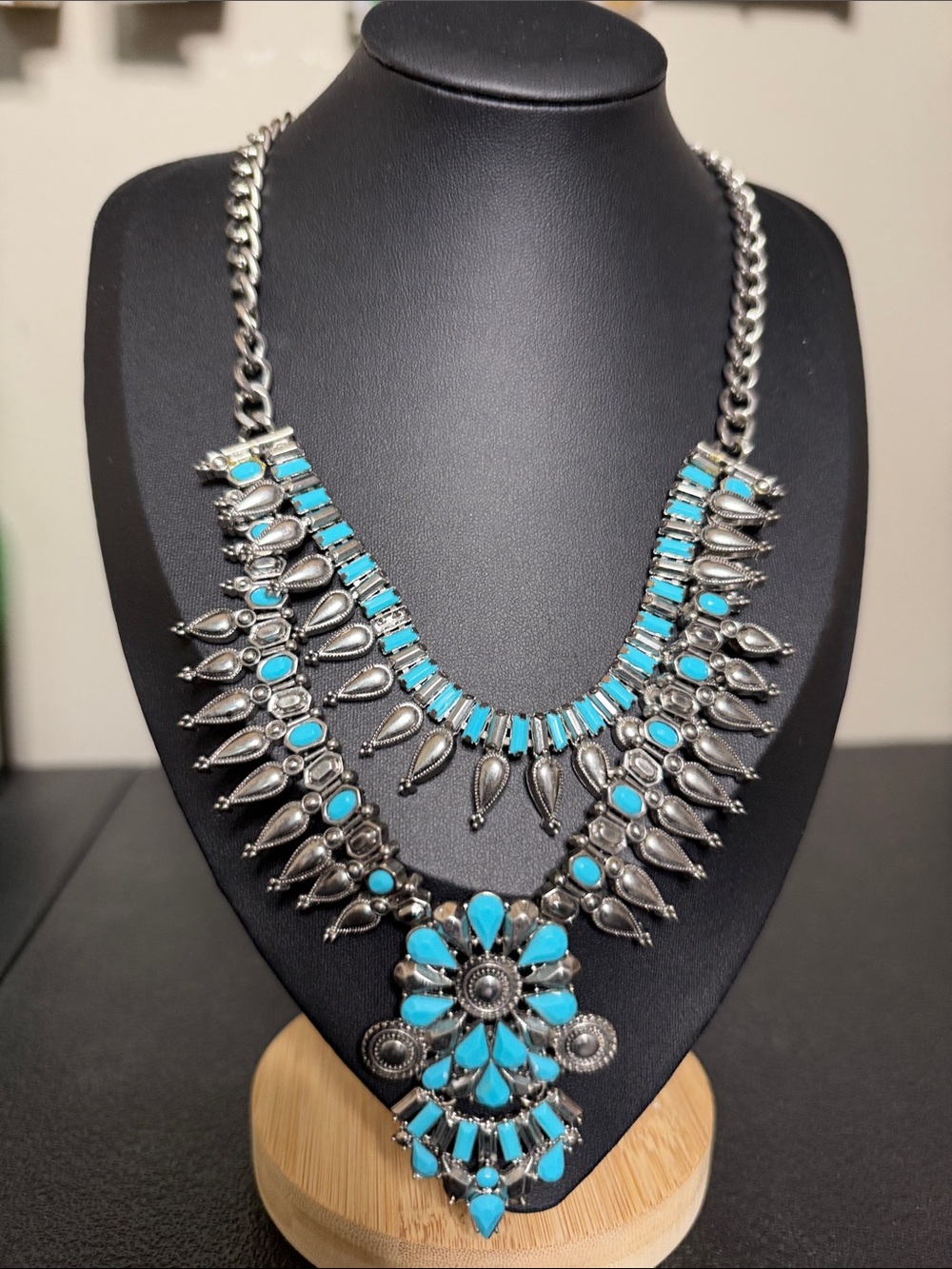 Western Boho Turquoise Silver Statement Bib Necklace - Women's Jewelry